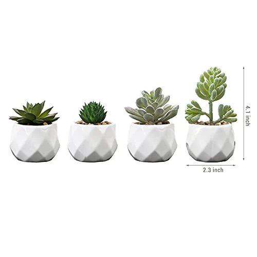 MyGift Set Of 4 Mini Assorted Artificial Succulent Fake Plants In Modern White Textured Ceramic Plant Pots 6 MyGift Set Of 4 Mini Assorted Artificial Succulent Fake Plants In Modern White Textured Ceramic Plant Pots - Image 4