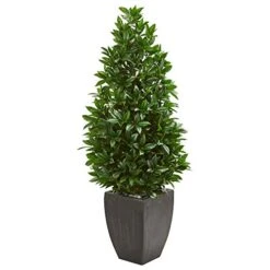 Nearly Natural 56-in. Bay Leaf Cone Topiary Artificial UV Resistant In Black Planter (Indoor/Outdoor) Silk Trees Green