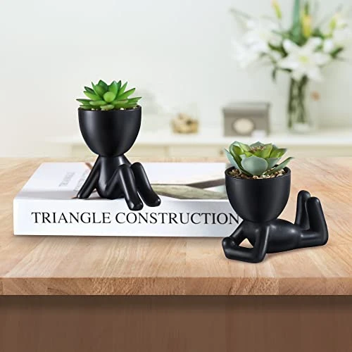 WOODWORD Fake Succulent, Mini Succulents Plants Artificial In Black Modern Human Shaped Ceramic Pots Cute Desk Decor For Office Decor For Women, Bathroom 2PCS 4 WOODWORD Fake Succulent, Mini Succulents Plants Artificial In Black Modern Human Shaped Ceramic Pots Cute Desk Decor For Office Decor For Women, Bathroom 2PCS - Image 2