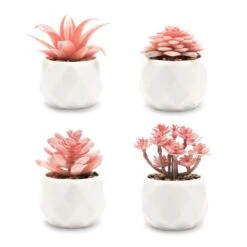 VIVERIE Rose Pink Faux Succulents In White Ceramic Pot Set Of 4 - Plant Gifts, Cute Aesthetic Pink Room, Home Decor Accents, Centerpieces, Bathroom Decor, Mum Gifts, Cactus Decor, Succulents Wedding