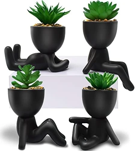 4 PCS Fake Succulent With Ceramic Artificial Succulent Planter Pot For Home Decor, Cute Human Shaped Mini Pots For Office Desk Bathroom Decorations (Matte Black) 11 4 PCS Fake Succulent With Ceramic Artificial Succulent Planter Pot For Home Decor, Cute Human Shaped Mini Pots For Office Desk Bathroom Decorations (Matte Black) - Image 9