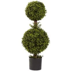 MISC 3ft Boxwood Topiary Double Sphere Bush Round 2 Balls Shrub Artificial Plant Decor Green Indoor Realistic Office Bathroom Bedroom, Polyester Iron Plastic