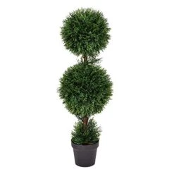 Vickerman Everyday 3 Foot Tall Artificial Cedar Topiary Double Ball Tree - UV Resistant Indoor Outdoor - Potted Natural Green - Home Patio Porch Faux Decor