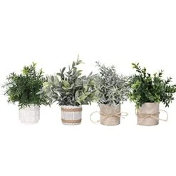 PENGYEE Artificial Topiaries Plants & Flowers, 4 Pcs Mini Plants Artificial Potted Set Fake Green Grass Plant Faux Plastic Topiary For Home Office Desk Bathroom Kitchen Counter Decoration (Mixed)