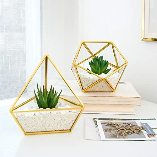 Mkono Artificial Succulent In 3 Pack Mini Glass Geometric Terrarium, Miniature Potted Faux Plant Bookshelf Desk Boho Office Room Decor For Women Girls Dorm Gift Idea, Gold 4 Mkono Artificial Succulent In 3 Pack Mini Glass Geometric Terrarium, Miniature Potted Faux Plant Bookshelf Desk Boho Office Room Decor For Women Girls Dorm Gift Idea, Gold - Image 2