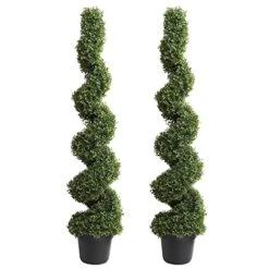59 Inch Artificial Boxwood Topiary Tree Spiral Plants Fake Faux Plant Decor In Plastic Pot Green Indoor Or Outdoor, Set Of 2