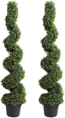 59 Inch Artificial Boxwood Topiary Tree Spiral Plants Fake Faux Plant Decor In Plastic Pot Green Indoor Or Outdoor, Set Of 2 -Artificial Trees Store 41V6E2V5kTL. AC