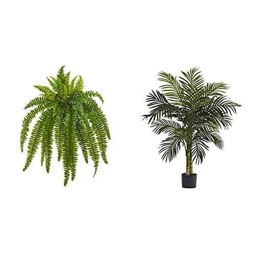 Nearly Natural 35” Boston Fern Artificial (Set Of 2) Silk Plants Green & 5357 4ft. Golden Cane Palm Tree,Green 3 Nearly Natural 35” Boston Fern Artificial (Set Of 2) Silk Plants Green & 5357 4ft. Golden Cane Palm Tree,Green
