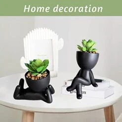 Zerzsy 3 PCS Cute Artificial Succulent Plants With Creative Human Shaped Pots, Mini Potted Succulents Decor For Home Decor (Matte Black)
