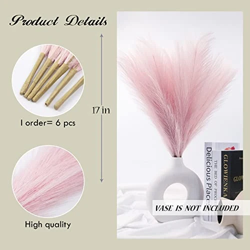6 PCS Faux Pampas Grass 17"/44cm Artificial Fluffy Pompas Grass Fake Pampas Grass 7 Branches For Wedding Party Bedroom Boho Home Decor (034 Light Pink) 5 6 PCS Faux Pampas Grass 17"/44cm Artificial Fluffy Pompas Grass Fake Pampas Grass 7 Branches For Wedding Party Bedroom Boho Home Decor (034 Light Pink) - Image 3