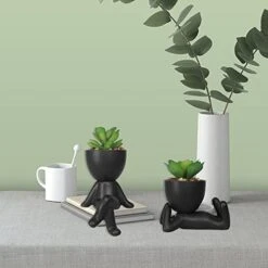 Zerzsy 3 PCS Cute Artificial Succulent Plants With Creative Human Shaped Pots, Mini Potted Succulents Decor For Home Decor (Matte Black) -Artificial Trees Store 41cpvK4FC5L
