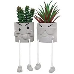 SEMSOIIO 2 Pcs Fake Plants In Cement Pot With Hanging Legs, Creative Artificial Faux Succulent For Home/Office Decor (Tongue & Smoking)