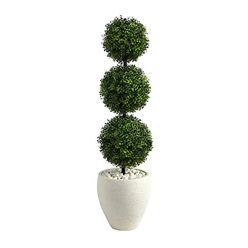 Nearly Natural 3.5ft. Boxwood Triple Ball Topiary Artificial Tree In White Planter (Indoor/Outdoor), Green 3 Nearly Natural 3.5ft. Boxwood Triple Ball Topiary Artificial Tree In White Planter (Indoor/Outdoor), Green