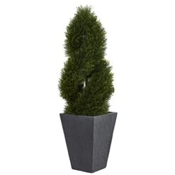 Nearly Natural 5703 Cypress Double Spiral Topiary In Slate Planter, 4' , Green