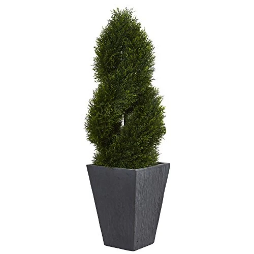 Nearly Natural 5703 Cypress Double Spiral Topiary In Slate Planter, 4' , Green 3 Nearly Natural 5703 Cypress Double Spiral Topiary In Slate Planter, 4' , Green