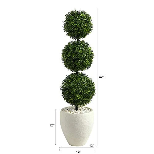 Nearly Natural 3.5ft. Boxwood Triple Ball Topiary Artificial Tree In White Planter (Indoor/Outdoor), Green 4 Nearly Natural 3.5ft. Boxwood Triple Ball Topiary Artificial Tree In White Planter (Indoor/Outdoor), Green - Image 2