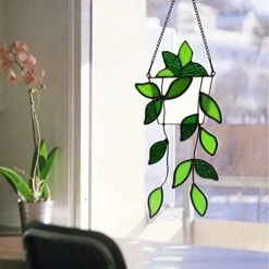 BOXCASA Green Plants Artificial Decor,Handcrafted Green Fake Plant Stained Glass Window Hanging,Faux Plant Suncatchers Decoration Gifts For Plant Lovers,Plant Gift For Mother Nana Grandma Aunt -Artificial Trees Store 41ih6JgEWfL