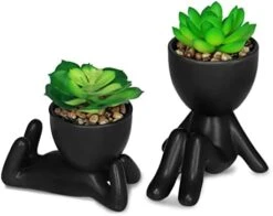Zerzsy 3 PCS Cute Artificial Succulent Plants With Creative Human Shaped Pots, Mini Potted Succulents Decor For Home Decor (Matte Black) -Artificial Trees Store 41kOEBoNUhL. AC