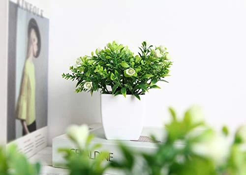 FEILANDUO Set Of 2 Mini Potted Artificial Plants Plastic Fake Green Plant For Home Decor Office Desk Shower Room Decoration Faux Plants Indoor (White, Set Of 2) 5 FEILANDUO Set Of 2 Mini Potted Artificial Plants Plastic Fake Green Plant For Home Decor Office Desk Shower Room Decoration Faux Plants Indoor (White, Set Of 2) - Image 3