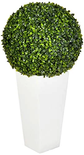 Nearly Natural 6404 Artificial Plant (Indoor/Outdoor) 28†Boxwood Topiary Ball In White Tower Planter, Green,15"Dx15"Wx28"H 3 Nearly Natural 6404 Artificial Plant (Indoor/Outdoor) 28†Boxwood Topiary Ball In White Tower Planter, Green,15"Dx15"Wx28"H