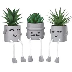 WOODWORD 3 Pack Mini Potted Fake Succulents Desk Plant With Creative Emotional Cement Pots For Shelf Home Bathroom Living Room Kitchen Decor And Office Decorations