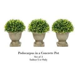 Pure Garden Artificial Podocarpus Grass Plant In Concrete Round Set Of 3, 7.5” Decorative Faux Indoor Ornamental Potted Topiary