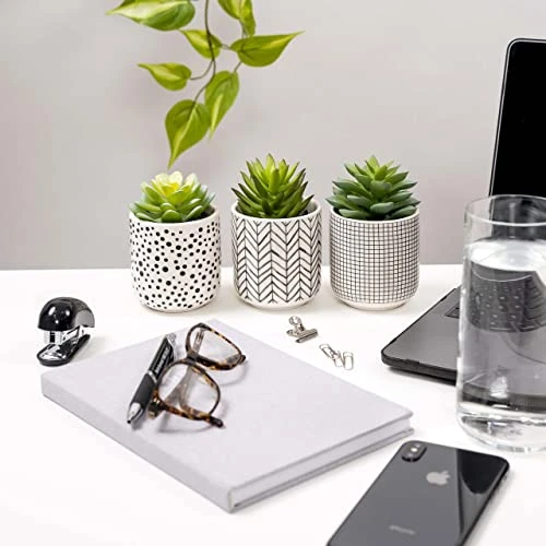 Kurrajong Farmhouse Artificial Succulents In Pots | Set Of 3 Black And White Ceramic Pots With Green Succulents Artificial | Faux Plants Indoor Fake Plants In Pots 4.75" High 5 Kurrajong Farmhouse Artificial Succulents In Pots | Set Of 3 Black And White Ceramic Pots With Green Succulents Artificial | Faux Plants Indoor Fake Plants In Pots 4.75" High - Image 3