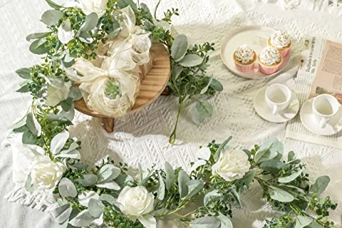 Miracliy 6 Ft Eucalyptus Garland With Flowers, Lambs Ear Greenery White Roses Flower Garland Fake Vines For Wedding Boho Table Mantle Backdrop Party Farmhouse Home Decor 7 Miracliy 6 Ft Eucalyptus Garland With Flowers, Lambs Ear Greenery White Roses Flower Garland Fake Vines For Wedding Boho Table Mantle Backdrop Party Farmhouse Home Decor - Image 5