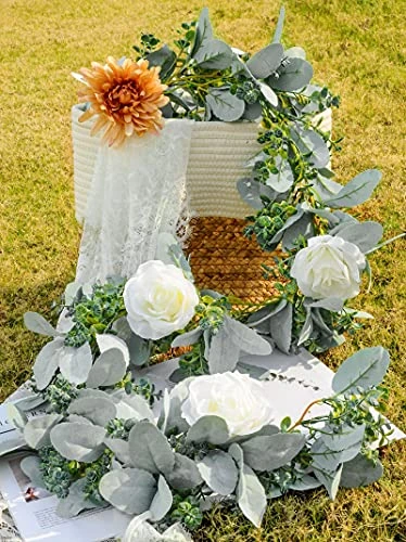 Miracliy 6 Ft Eucalyptus Garland With Flowers, Lambs Ear Greenery White Roses Flower Garland Fake Vines For Wedding Boho Table Mantle Backdrop Party Farmhouse Home Decor 6 Miracliy 6 Ft Eucalyptus Garland With Flowers, Lambs Ear Greenery White Roses Flower Garland Fake Vines For Wedding Boho Table Mantle Backdrop Party Farmhouse Home Decor - Image 4