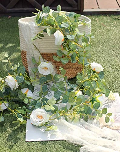 Der Rose 2 Pack 13Ft Artificial Eucalyptus Flower Garland With Fake Rose Flower Vine Seeded Eucalyptus Leaves Greenery Garland For Wedding Table Runner Backdrop Party Centerpiece Room Decor (White) 7 Der Rose 2 Pack 13Ft Artificial Eucalyptus Flower Garland With Fake Rose Flower Vine Seeded Eucalyptus Leaves Greenery Garland For Wedding Table Runner Backdrop Party Centerpiece Room Decor (White) - Image 5