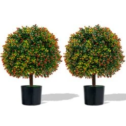 Goplus 22” Artificial Boxwood Topiary Ball Tree, Set Of 2 Faux Potted Plants Artificial Shrubs Bushes With Orange Fruits, Ball-Shaped Artificial Topiary For Indoor Outdoor Home Front Porch Decor