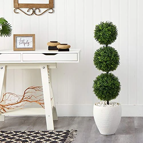 Nearly Natural 3.5ft. Boxwood Triple Ball Topiary Artificial Tree In White Planter (Indoor/Outdoor), Green 5 Nearly Natural 3.5ft. Boxwood Triple Ball Topiary Artificial Tree In White Planter (Indoor/Outdoor), Green - Image 3