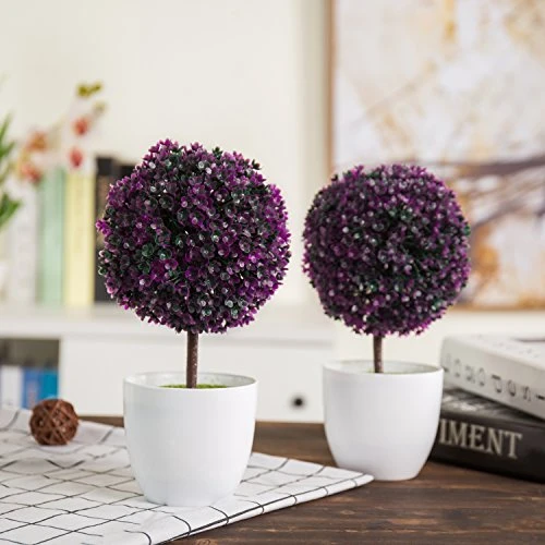 MyGift Tabletop Artificial Topiary Indoor Decor, Fake Plants Faux Purple Boxwood Ball Tree With White Planter Pots, Set Of 2 4 MyGift Tabletop Artificial Topiary Indoor Decor, Fake Plants Faux Purple Boxwood Ball Tree With White Planter Pots, Set Of 2 - Image 2
