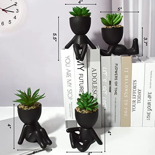 4 PCS Fake Succulent With Ceramic Artificial Succulent Planter Pot For Home Decor, Cute Human Shaped Mini Pots For Office Desk Bathroom Decorations (Matte Black) 4 4 PCS Fake Succulent With Ceramic Artificial Succulent Planter Pot For Home Decor, Cute Human Shaped Mini Pots For Office Desk Bathroom Decorations (Matte Black) - Image 2