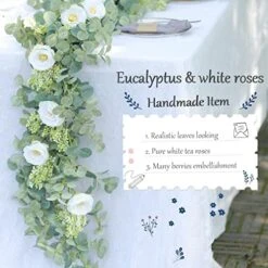 PARTY JOY 6.56ft Eucalyptus Garland With Flowers-8 White Roses, Artificial Fake Flowers Greenery Garland Floral Vines For Decoration Party Wedding Table Indoor Outdoor Backdrop Wall Decor(White) -Artificial Trees Store 5153nesvPhL