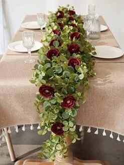 PARTY JOY 6.56ft Eucalyptus Garland With Flowers-8 White Roses, Artificial Fake Flowers Greenery Garland Floral Vines For Decoration Party Wedding Table Indoor Outdoor Backdrop Wall Decor(White) -Artificial Trees Store 515OniGi67L. AC