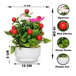 S-BIV Artificial Mini Cherry Plant With Sitting Bird In Plastic Pot, Indoor Faux Artificial Plants With Pot For Desk Or Home Décor Artificial Green Plants For Décor (Red) -Artificial Trees Store 515XeNMw0UL