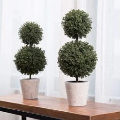 MyGift 14.7 Inch Green Artificial Boxwood Topiary Trees - Decorative Faux Indoor Plants In Gray Paper Pulp Planter Pots -Artificial Trees Store 515fNmWyTSL