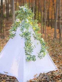 PARTY JOY 6.56ft Eucalyptus Garland With Flowers-8 White Roses, Artificial Fake Flowers Greenery Garland Floral Vines For Decoration Party Wedding Table Indoor Outdoor Backdrop Wall Decor(White) -Artificial Trees Store 515ihIY8iaL