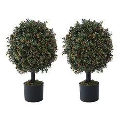 CAPHAUS Artificial Boxwood Topiary Ball Tree Set Of 2, Artificial UV Resistant Bushes, Faux Potted Tree, Plant In Pot W/Dried Moss, Fake Shrubs For Indoor, Front Porch, Outdoor, W/Orange Flower
