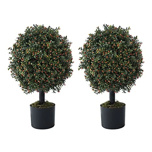 CAPHAUS Artificial Boxwood Topiary Ball Tree Set Of 2, Artificial UV Resistant Bushes, Faux Potted Tree, Plant In Pot W/Dried Moss, Fake Shrubs For Indoor, Front Porch, Outdoor, W/Orange Flower 3 CAPHAUS Artificial Boxwood Topiary Ball Tree Set Of 2, Artificial UV Resistant Bushes, Faux Potted Tree, Plant In Pot W/Dried Moss, Fake Shrubs For Indoor, Front Porch, Outdoor, W/Orange Flower