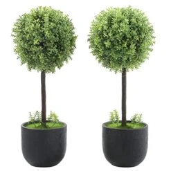 MyGift 13 Inch Realistic Artificial Boxwood Topiary Trees, Faux Tabletop Decorative Plants With Black Pots, Set Of 2