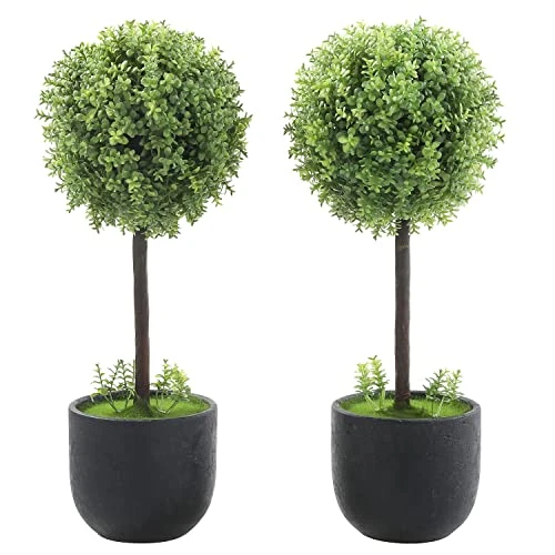 MyGift 13 Inch Realistic Artificial Boxwood Topiary Trees, Faux Tabletop Decorative Plants With Black Pots, Set Of 2 3 MyGift 13 Inch Realistic Artificial Boxwood Topiary Trees, Faux Tabletop Decorative Plants With Black Pots, Set Of 2