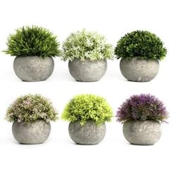 Tuokor 4.75" Mini Artificial Plastic Plants Green Grass Colorful Shrubs Faux Flowers With Gray Pots For Home Decor, Office Decor - Set Of 6