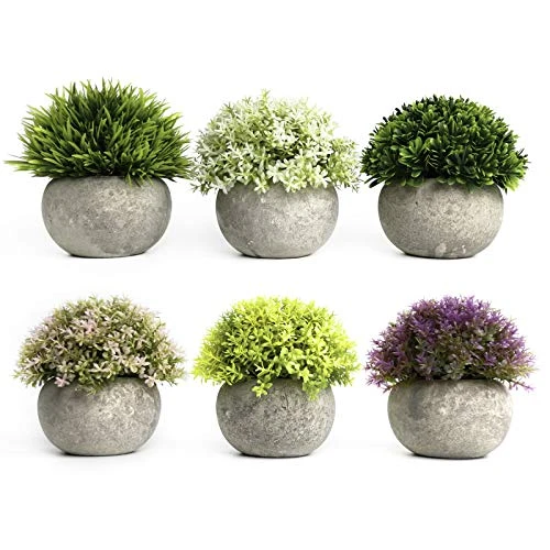 Tuokor 4.75" Mini Artificial Plastic Plants Green Grass Colorful Shrubs Faux Flowers With Gray Pots For Home Decor, Office Decor - Set Of 6 3 Tuokor 4.75" Mini Artificial Plastic Plants Green Grass Colorful Shrubs Faux Flowers With Gray Pots For Home Decor, Office Decor - Set Of 6