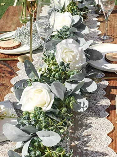 Miracliy 6 Ft Eucalyptus Garland With Flowers, Lambs Ear Greenery White Roses Flower Garland Fake Vines For Wedding Boho Table Mantle Backdrop Party Farmhouse Home Decor 4 Miracliy 6 Ft Eucalyptus Garland With Flowers, Lambs Ear Greenery White Roses Flower Garland Fake Vines For Wedding Boho Table Mantle Backdrop Party Farmhouse Home Decor - Image 2