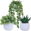 Winlyn 3 Pcs Assorted Small Potted Succulent Plants Artificial Aloe Hanging Succulent In White Geometric Concrete Ceramic Pots For Gift Party Wedding Favors Windowsill Table Shelf Indoor Outdoor Decor -Artificial Trees Store 51EFoBcheUL