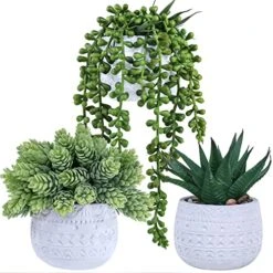 Winlyn 3 Pcs Assorted Small Potted Succulent Plants Artificial Aloe Hanging Succulent In White Geometric Concrete Ceramic Pots For Gift Party Wedding Favors Windowsill Table Shelf Indoor Outdoor Decor