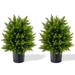 Goplus 21.5” Artificial Cedar Topiary Ball Tree, Set Of 2 Faux Potted Plants Artificial Shrubs Bushes With Cement Pot, Fake Ball-Shaped Artificial Topiary For Indoor Outdoor Home Front Porch Decor