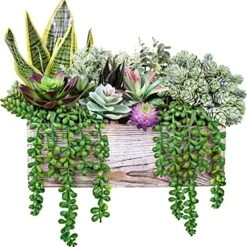 14 Pcs Assorted Artificial Succulents Fake Plants In Rectangular Wooden Pots Artificial Potted Succulents Plants Arrangement For Table Centerpiece Windowsill Shelf Mantel Tropical Greenery Decor